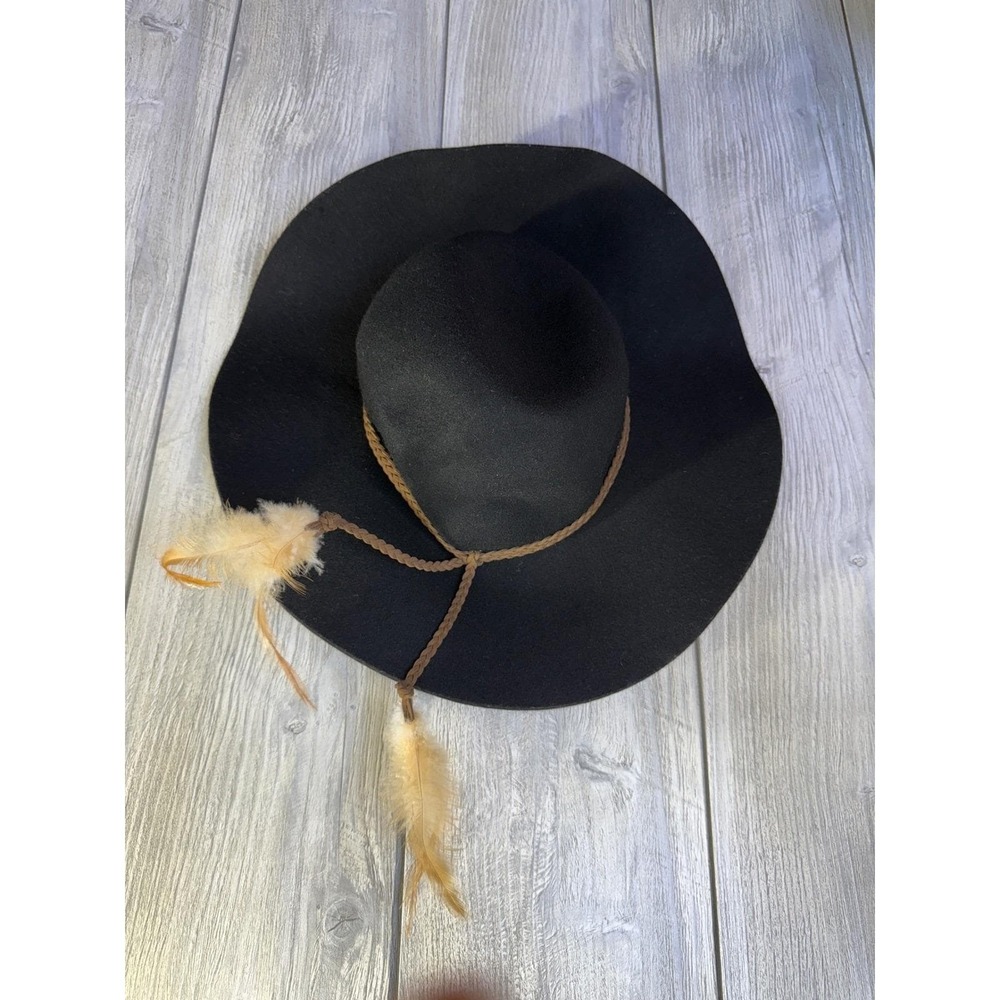 Steve Madden Black 100% Wool Wide Brim Floppy Hat Braided Feather Band One Size
